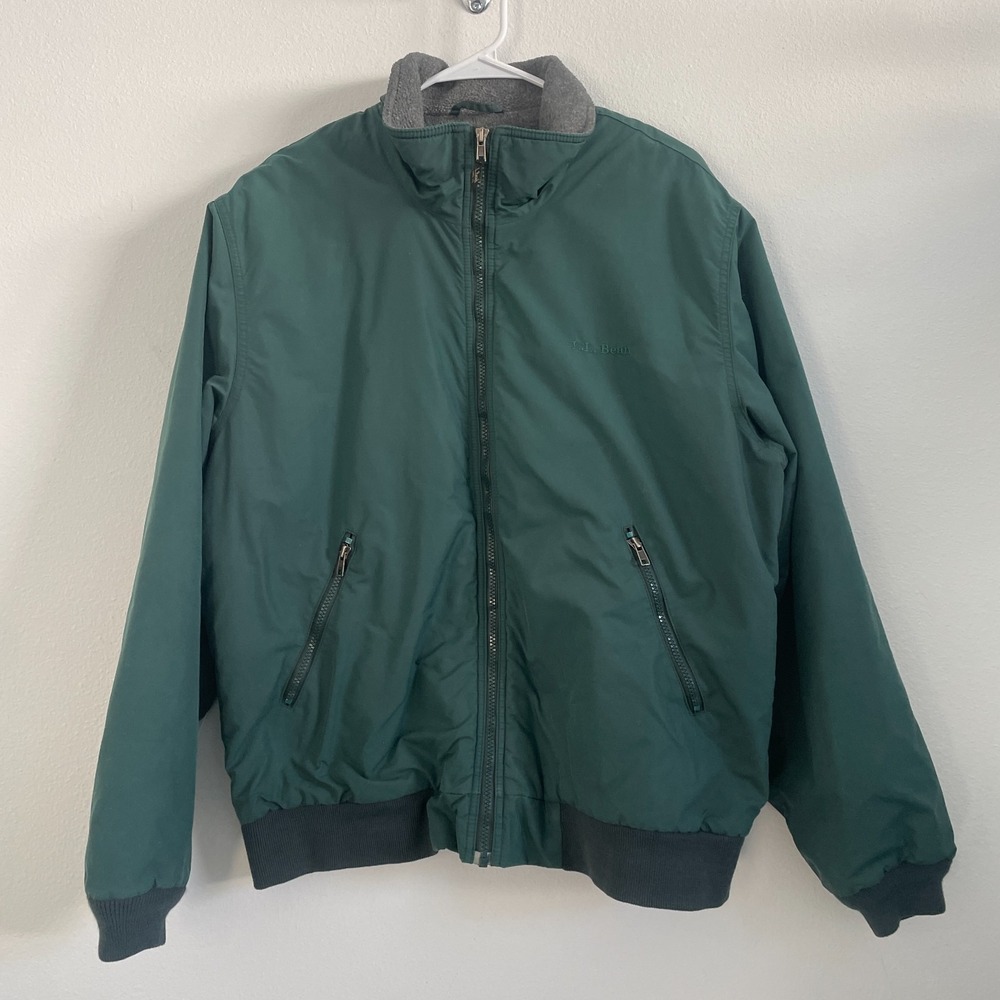 LL Bean Green Bomber Winter Coat UF43 Fleece Lined Nylon Size L Reg Vintage
